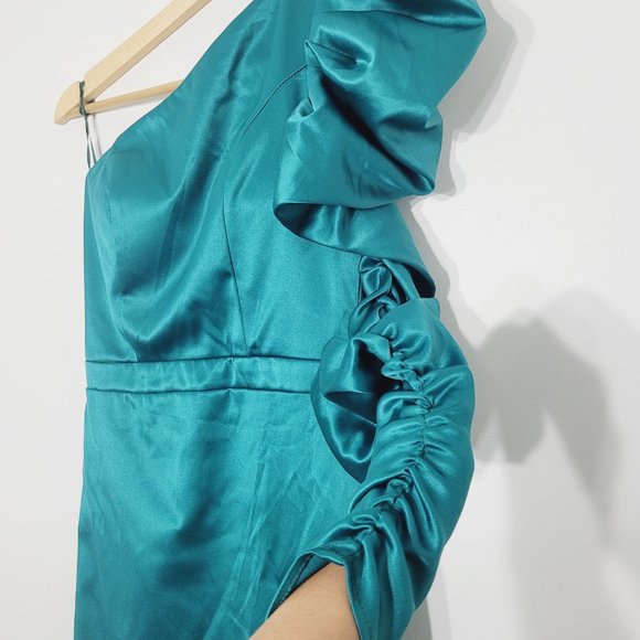 Karlie Monkees NEW One Shoulder Long Sleeve Satin Event Dress Stretch Green NWT - Picture 4 of 16